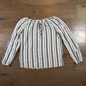 XXI Forever Women Blue White Striped Tie Neck Peasant Blouse Small Long Sleeve
